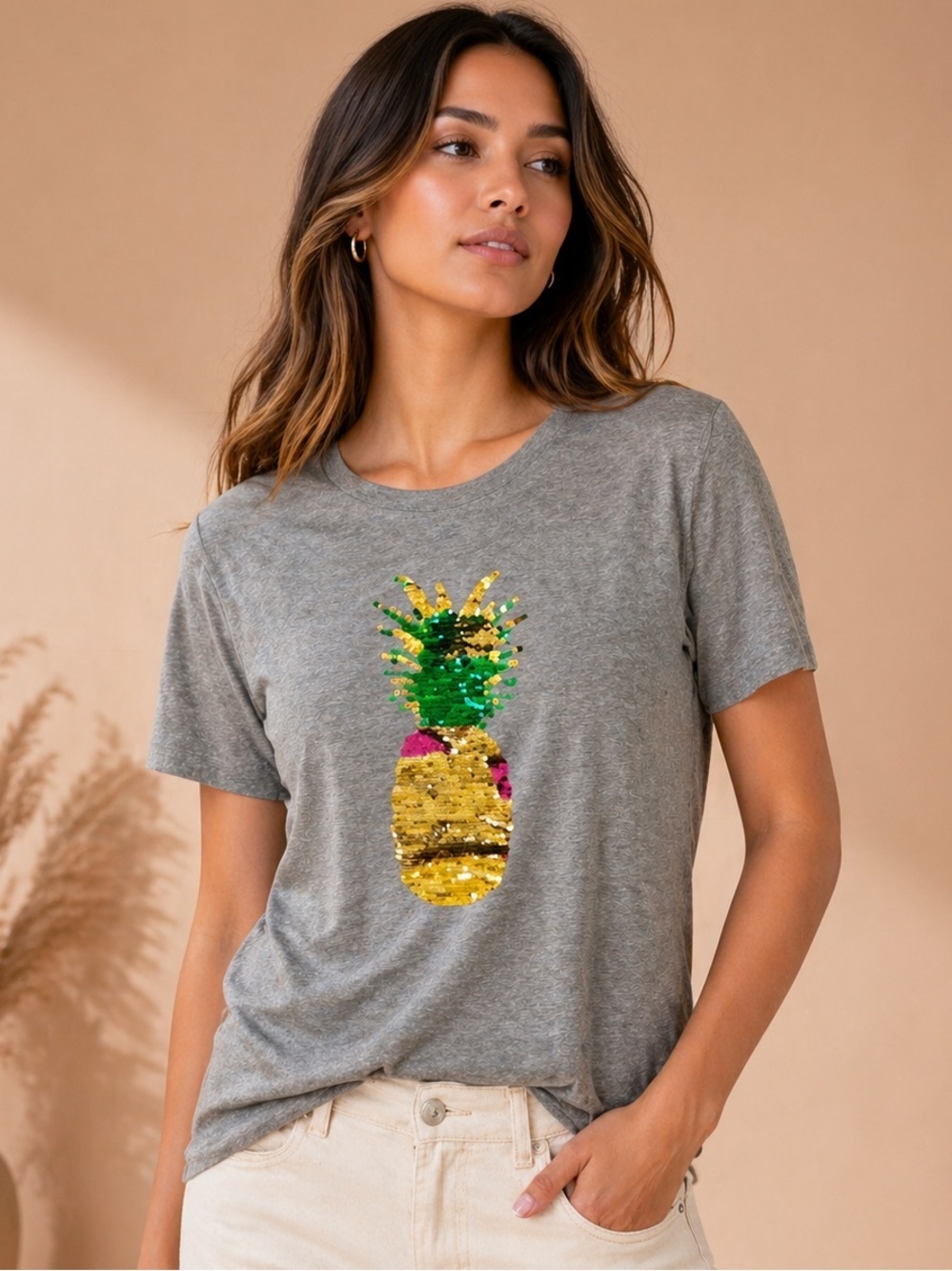 Lane Bryant Gray Sequin Pineapple Tee Size 22/24 Plus Summer Tee Soft Girl